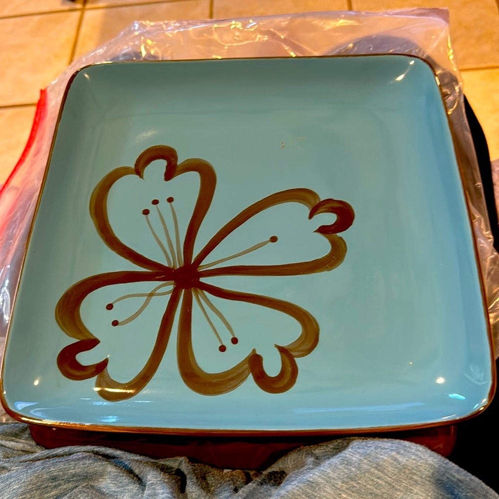 Pier 1 Hibiscus Square Plates Brown Turquois Dinner Discontinued Pattern Pair